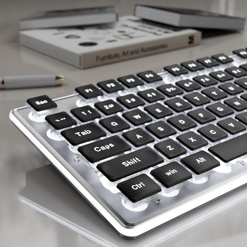 SEUNKWANG لوحات مفاتيح الكمبيوتر EWEADN GX710S مضاءة من الخلف، لوحة مفاتيح USB سلكية مع إضاءة خلفية بيضاء، لوحة معدنية، توصيل وتشغيل، مفاتيح كاب كيك كاملة الحجم، لوحة مفاتيح كمبيوتر هادئة للويندوز/الكمبيوتر/اللابتوب - أسود - Image 1